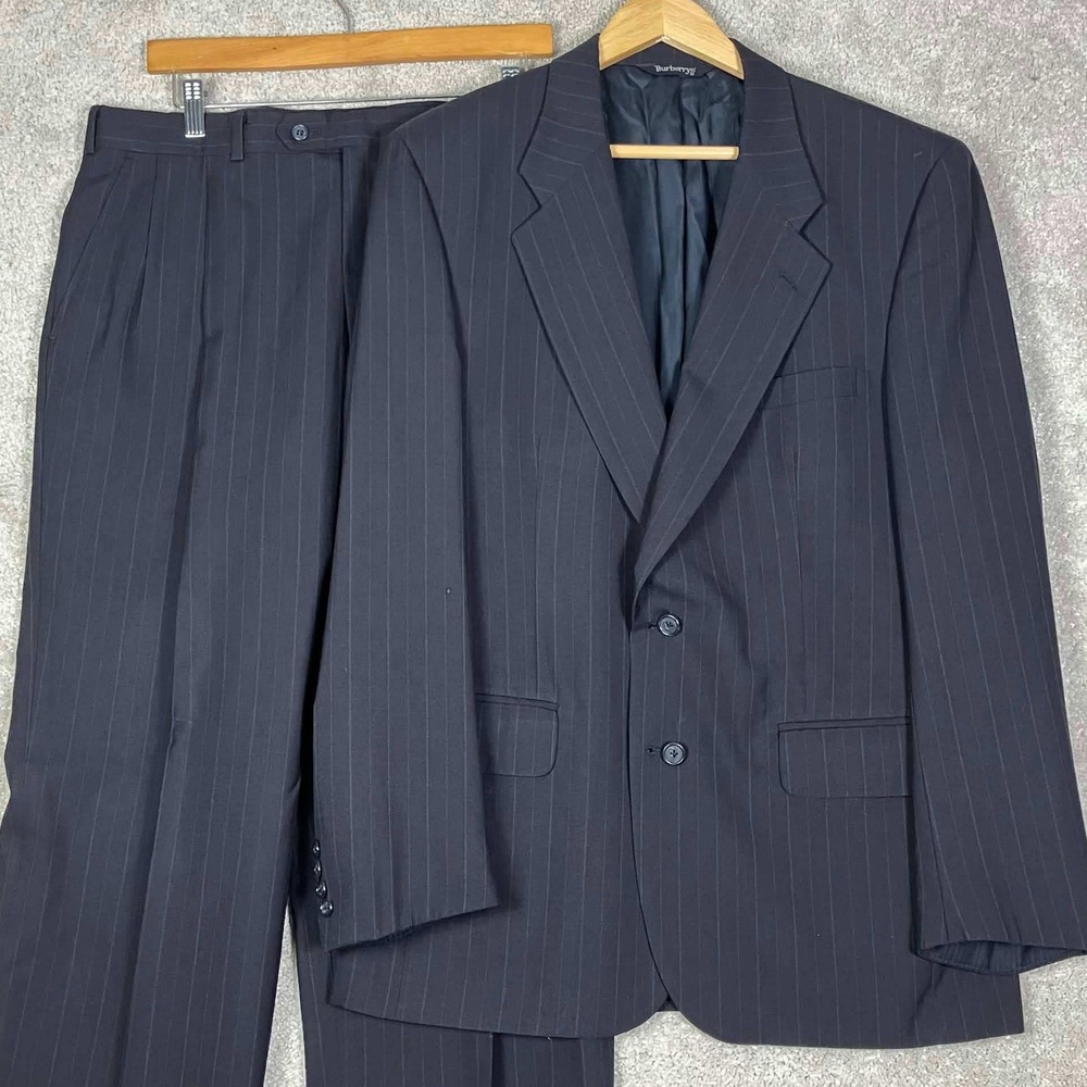 VTG Burberrys Suit Set Mens Navy Blue Pinstripe Wool Two Button Blazer 42R 36x29